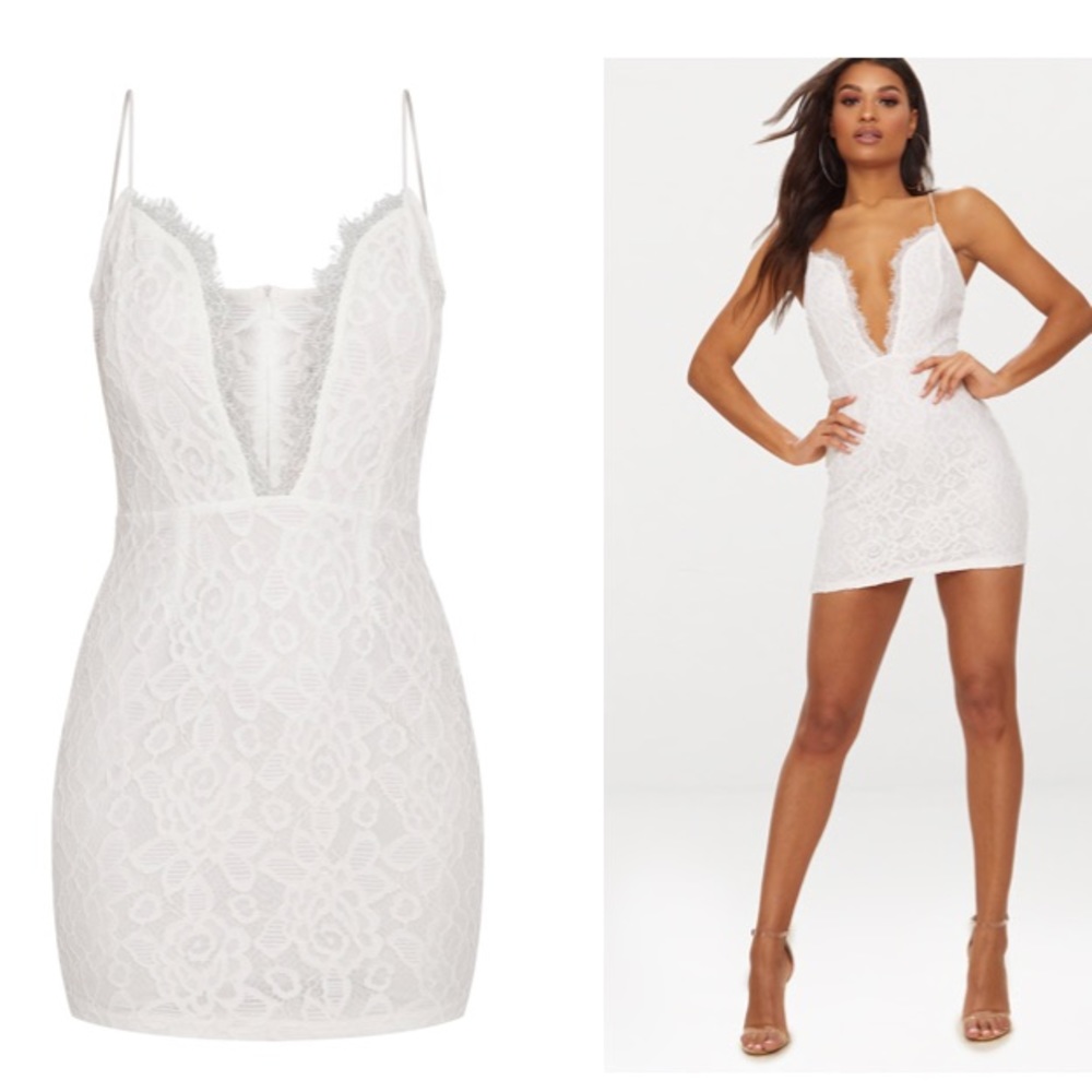 White Strappy Plunge lace bodycon dress S8